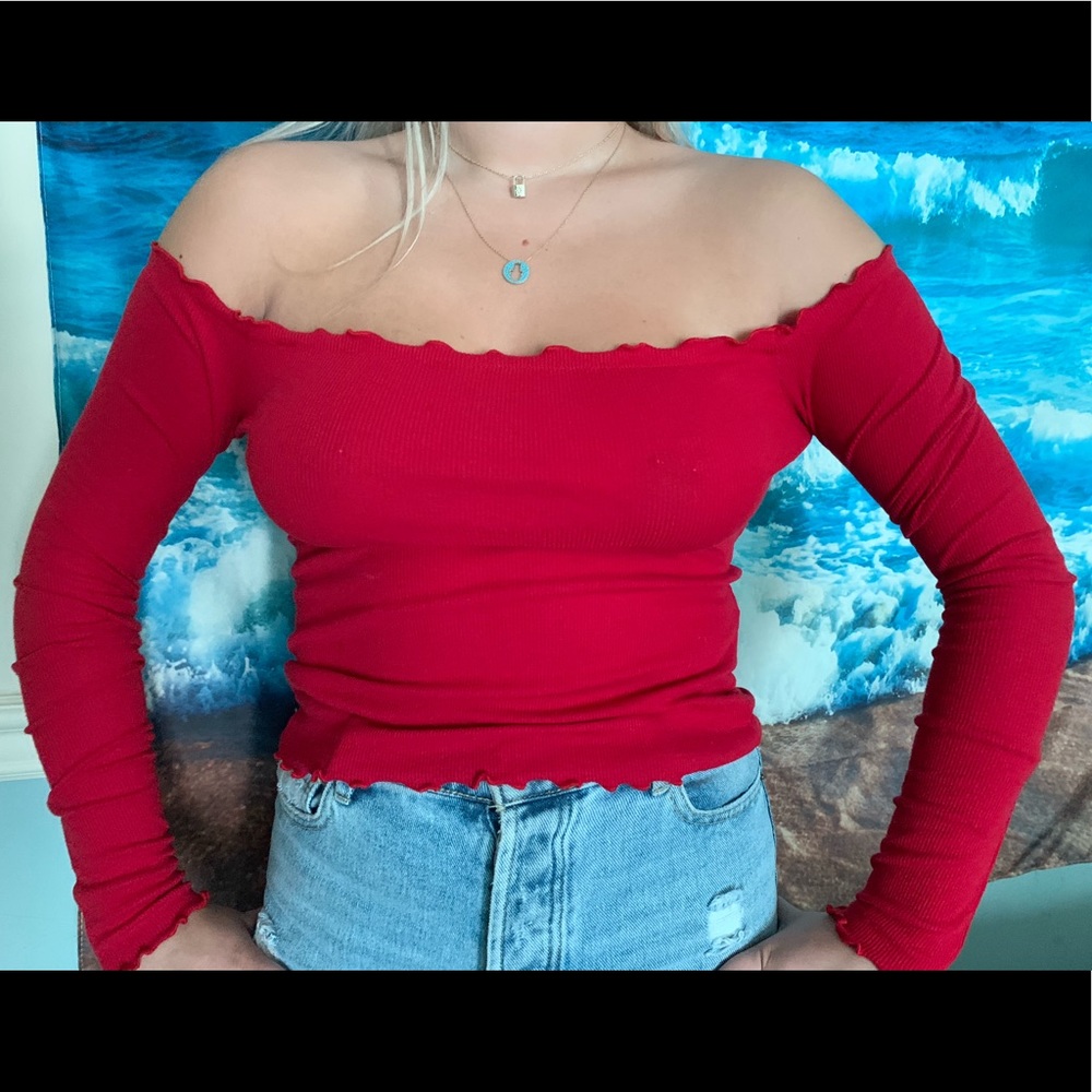Red off shoulder long sleeve top